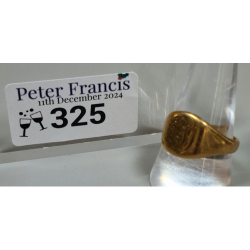 325 - 9ct gold signet ring with engraved initials. 6.9g approx. Size S.  (B.P. 21% + VAT)