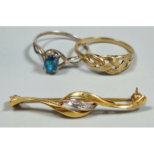 333 - 9ct gold and diamond bar brooch. 2.6g approx. together with a yellow metal Celtic/weave design dress... 