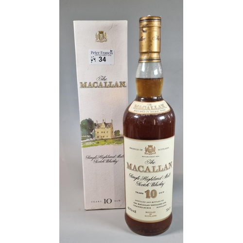 34 - Bottle of The Macallan single Highland malt Scotch Whisky, 10 years old. 70cl. In original box. Full... 