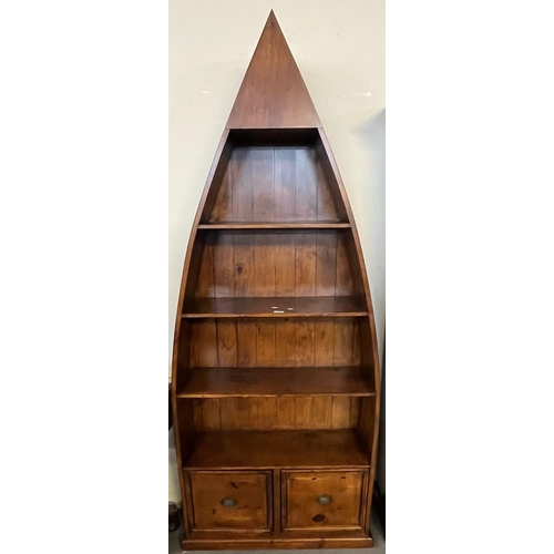 620 - Modern boat shaped stained wooden display shelves with two under drawers. 83x200x31cm approx. (B.P. ... 