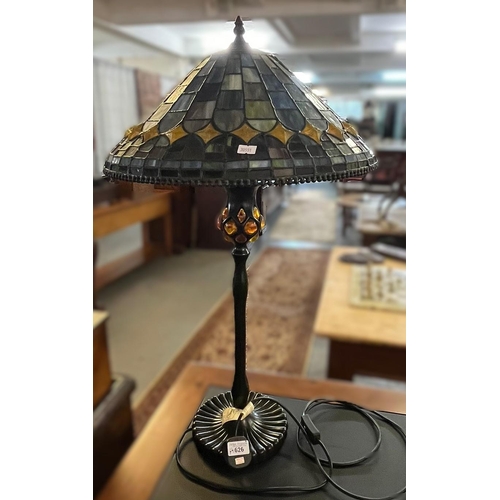 626 - Large Tiffany style mushroom shaped table lamp, with lead glazed shade and glass inlaid pedestal. (B... 