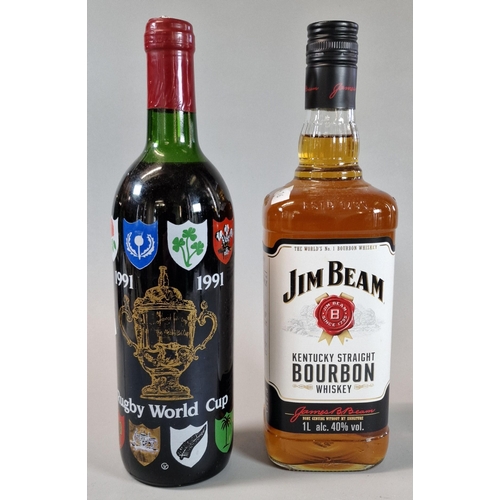 73 - Bottle of Jim Beam Kentucky Straight Bourbon Whiskey. 1 Litre. Together with a bottle of Bordeaux re... 