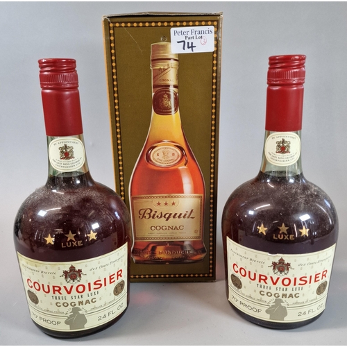 74 - Two bottles of Courvoisier Three Star Luxe Cognac. 25fl oz. Together with a bottle of Bisquit Cognac... 