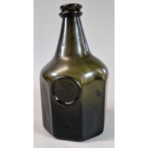 78 - 18th century style octagonal green glass bottle with seal for J N O Greenhow Wmsburg, dated 1770. (a... 