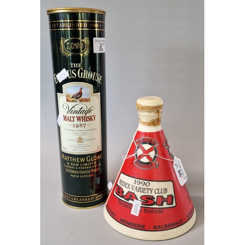 86 - Bottle of The Famous Grouse vintage malt Whisky 1987. 70cl. In tin tubular box. Together with 1990 R... 