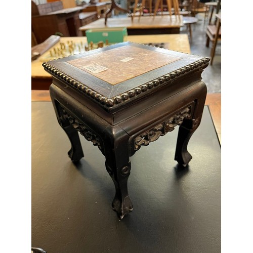 624 - Small Oriental hardwood jardinière stand with inset marble top. 19cm (square)x23cm (high) approx. To... 