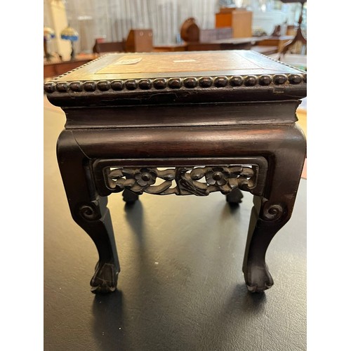 624 - Small Oriental hardwood jardinière stand with inset marble top. 19cm (square)x23cm (high) approx. To... 