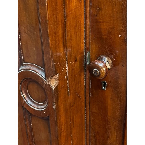 654 - Victorian mahogany break front wardrobe, having arched pediment over centre glazed door revealing fi... 