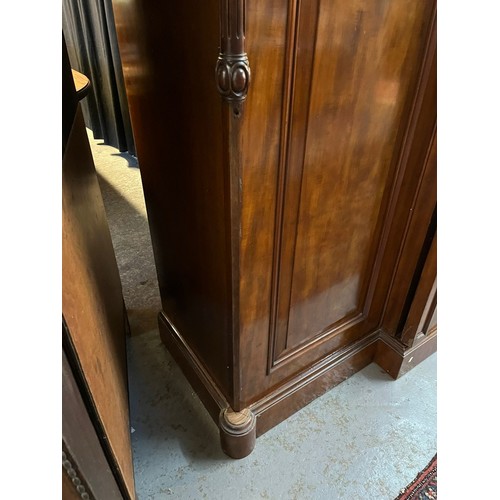 654 - Victorian mahogany break front wardrobe, having arched pediment over centre glazed door revealing fi... 