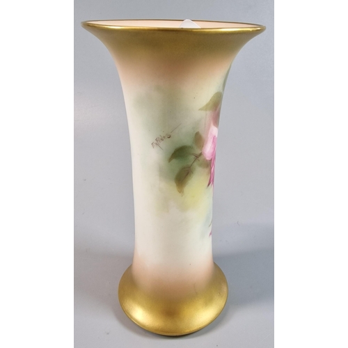 10 - Royal Worcester porcelain trumpet vase, hand-painted with roses, by Ethel Fildes. Dated 1919. 15.5cm... 