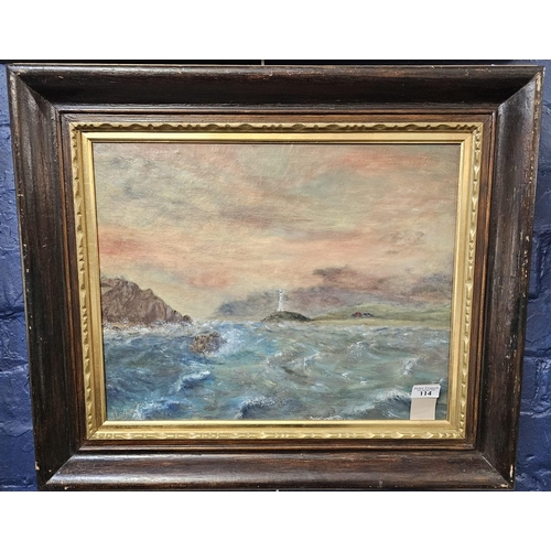 114 - J Watkin (British early 20th century), seascape with lighthouse, signed. Oils on board. 37x47cm appr... 