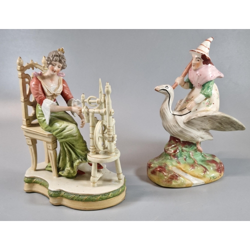 12 - 19th century Staffordshire pottery figure group of a Witch riding a Goose. 19cm high approx. Togethe... 