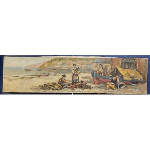 122 - F Bonalli (Italian 20th century), fisherfolk in an Italian beach, signed. Oils on canvas. 20x79cm ap... 