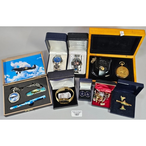 187 - Box of oddments to include: Concorde gent's wristwatch in original box, 70th Anniversary Operation C... 