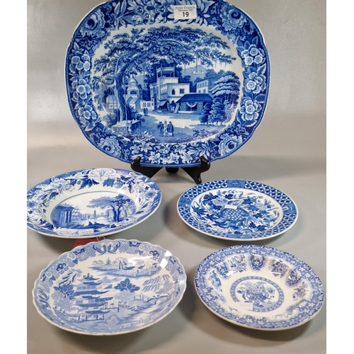 19 - 19th century blue and white pottery platter, believed by J & R Riley and transfer printed in blue an... 