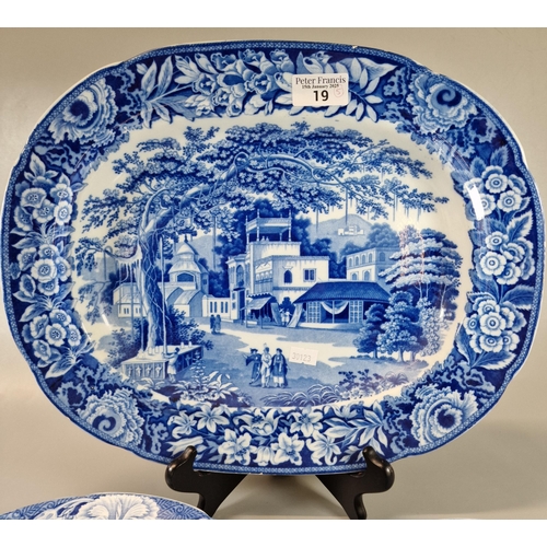 19 - 19th century blue and white pottery platter, believed by J & R Riley and transfer printed in blue an... 