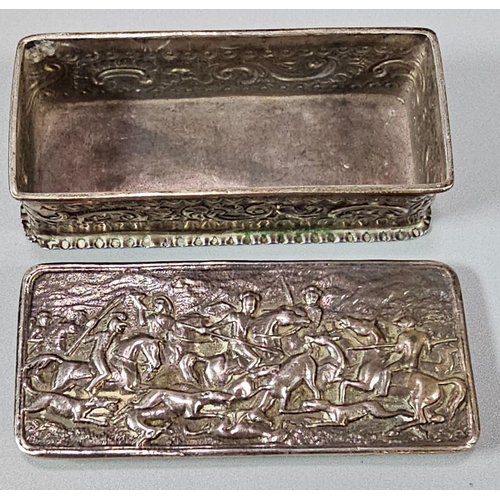 195 - Victorian silver repoussé box, of rectangular form, the top decorated with relief battle scene, by R... 