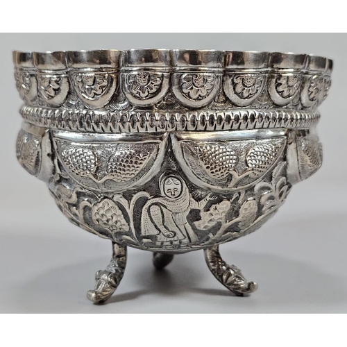 197 - Indian white metal footed bowl, repoussé decorated with Indian figures, flowers and foliage. 10cm di... 