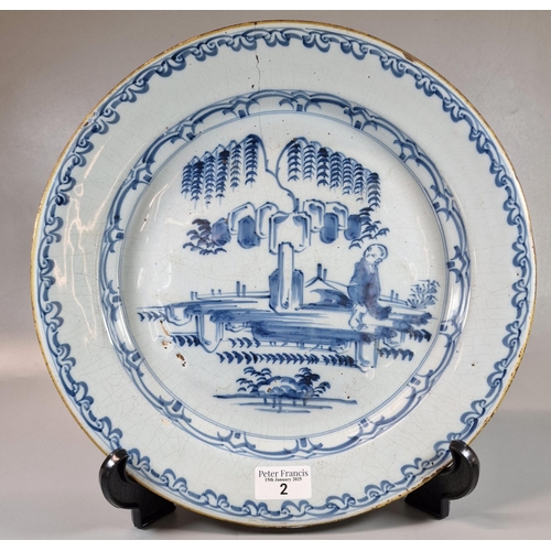 2 - Early 18th century English Delft pottery chinoiserie style blue and white plate, decorated with a fi... 