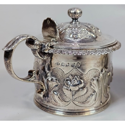 200 - Victorian repoussé single handled lidded mustard pot. London hallmarks. 4.7 troy oz approx. Together... 