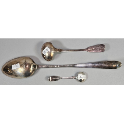 201 - 18th century silver serving spoon, Dublin 1788. 2.87 troy oz approx. Together with two other silver ... 