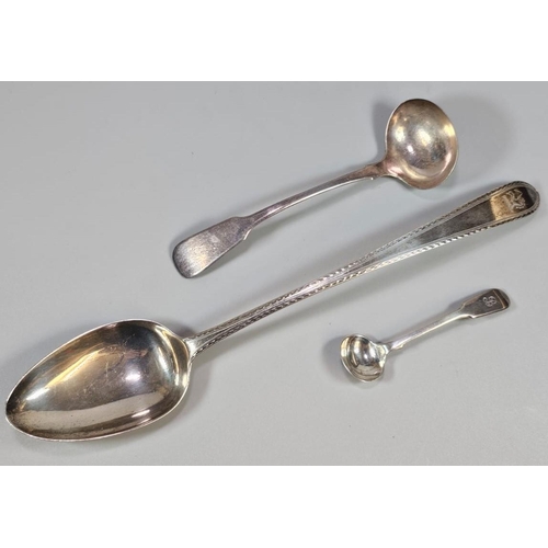 201 - 18th century silver serving spoon, Dublin 1788. 2.87 troy oz approx. Together with two other silver ... 