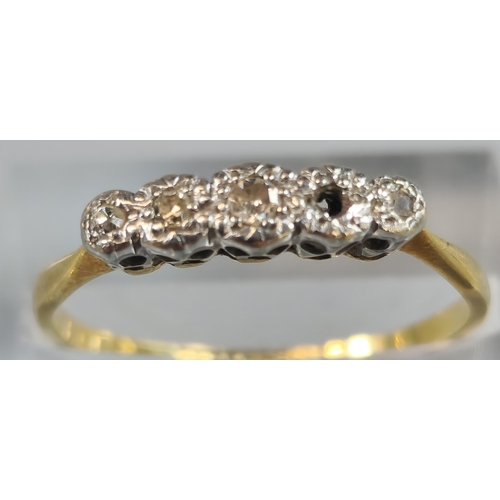 214 - 18ct gold and platinum diamond five stone ring, one diamond missing. 1.7g approx. Size O. (B.P. 21% ... 