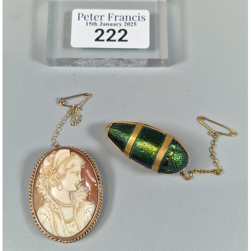 222 - 9ct gold framed cameo portrait brooch, together with a gilt metal and green scarab brooch. (B.P. 21%... 