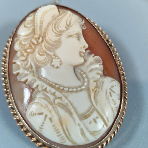 222 - 9ct gold framed cameo portrait brooch, together with a gilt metal and green scarab brooch. (B.P. 21%... 