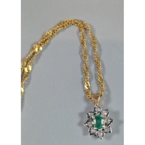 225 - 9ct gold fine link necklace with green and clear Stone cluster pendant. 2.3g approx. (B.P. 21% + VAT... 