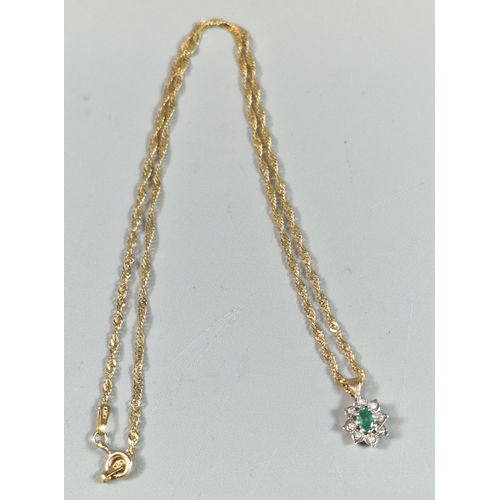 225 - 9ct gold fine link necklace with green and clear Stone cluster pendant. 2.3g approx. (B.P. 21% + VAT... 