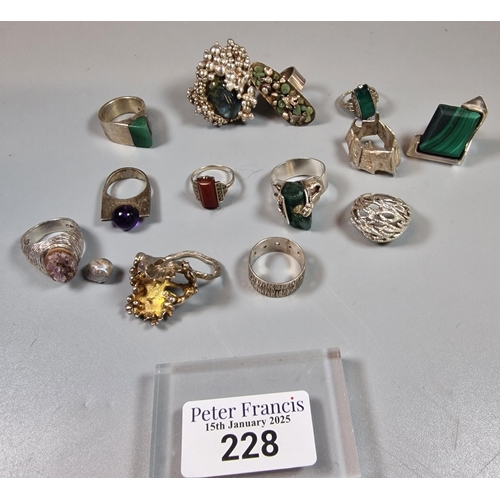 228 - Collection of silver and white metal modernist design dress rings, some inset with various hardstone... 