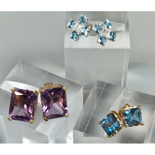 230 - Two pairs of 9ct gold purple and blue stone earrings together with a pair 9ct white gold blue and cl... 