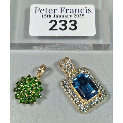 233 - Two 9ct gold pendants inset with blue, clear and green cluster stones. 9.3g approx. (B.P. 21% + VAT)