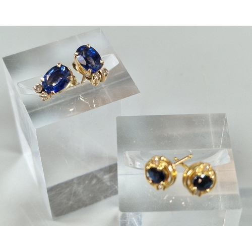 239 - Two pairs of 18ct gold earrings, one set with blue stones and diamond. 3.7g approx. (2 pairs). (B.P.... 