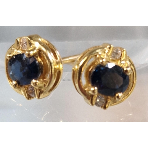 239 - Two pairs of 18ct gold earrings, one set with blue stones and diamond. 3.7g approx. (2 pairs). (B.P.... 