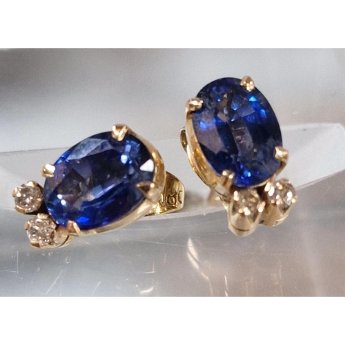 239 - Two pairs of 18ct gold earrings, one set with blue stones and diamond. 3.7g approx. (2 pairs). (B.P.... 