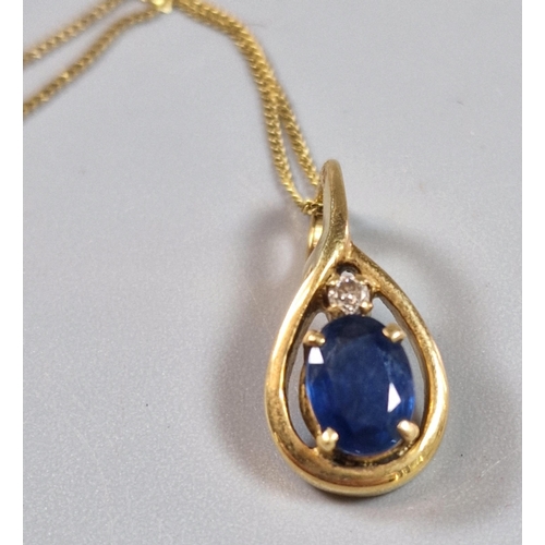 240 - 9ct gold fine link chain with blue stone and diamond pear shaped pendant. 3.7g approx. (B.P. 21% + V... 