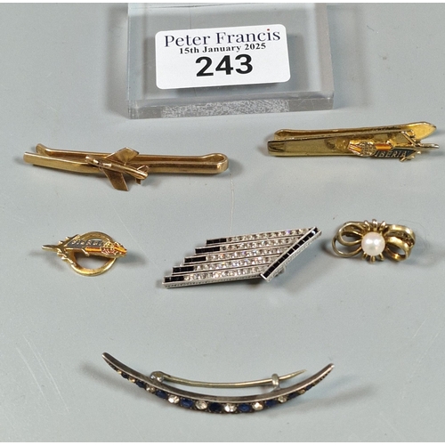 243 - Collection of gilt silver, yellow metal and other brooches and bar brooches: Art Deco design, airpla... 