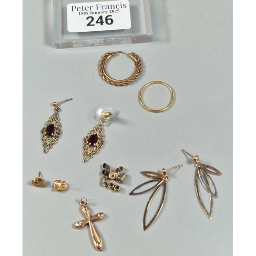 246 - Collection of 9ct gold and other items to include: crucifix pendant, earrings etc. (B.P. 21% + VAT)