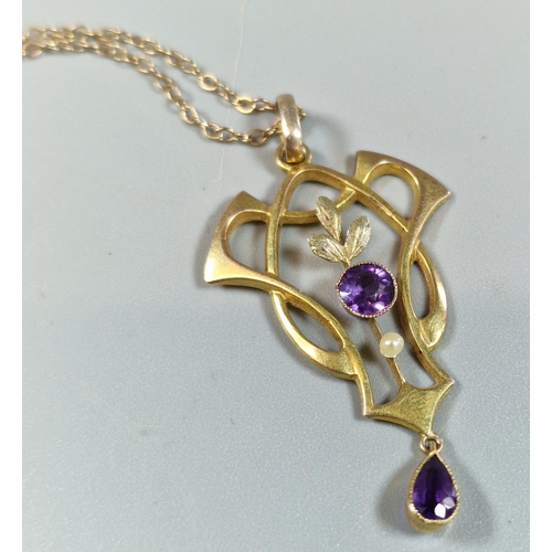 248 - 9ct gold Art Nouveau design pearl and amethyst pendant on a 9ct gold chain. 2.5g approx. (B.P. 21% +... 