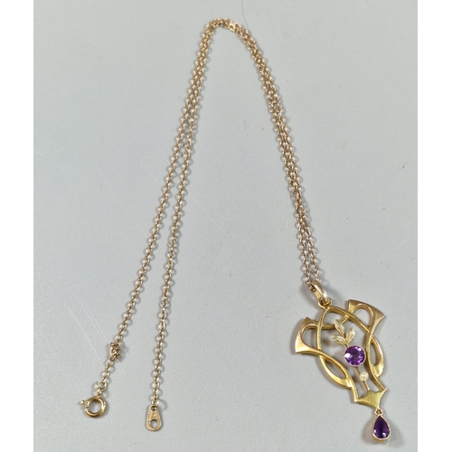 248 - 9ct gold Art Nouveau design pearl and amethyst pendant on a 9ct gold chain. 2.5g approx. (B.P. 21% +... 