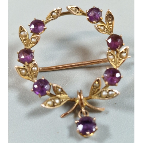 249 - 9ct gold pearl and amethyst butterfly and swag bar brooch. 1.8g approx. (B.P. 21% + VAT)