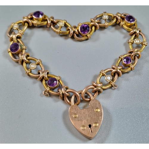 253 - Ornate 9ct gold amethyst and pearl curb-link bracelet with heart shaped padlock, in leather box mark... 