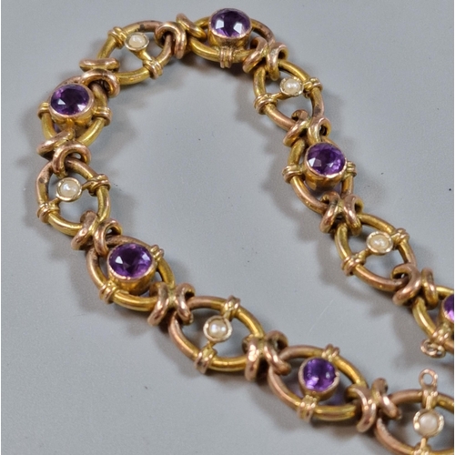 253 - Ornate 9ct gold amethyst and pearl curb-link bracelet with heart shaped padlock, in leather box mark... 