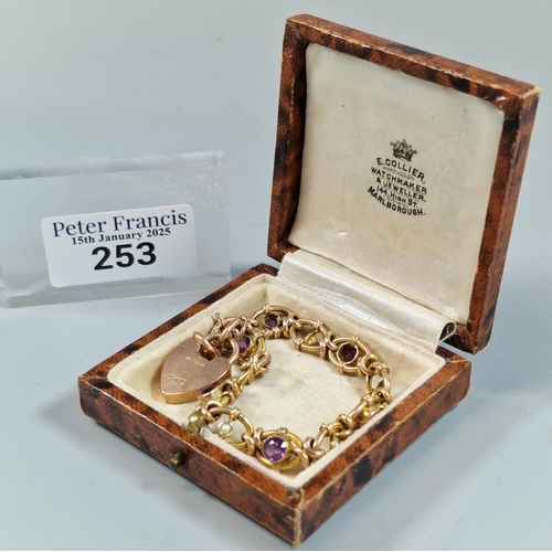 253 - Ornate 9ct gold amethyst and pearl curb-link bracelet with heart shaped padlock, in leather box mark... 