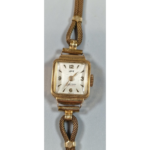 254 - 18ct gold Lopic Swiss ladies' wristwatch with rolled gold strap. Total weight 12g approx. (B.P. 21% ... 