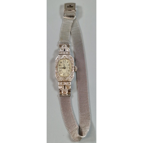 255 - 9ct white gold and diamond Art Deco ladies' wristwatch, with 9ct white gold mesh strap. 19g approx. ... 