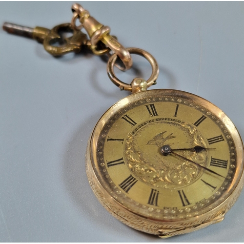 256 - 14ct gold engraved ladies' fancy open faced fob/pocket watch, with Roman numerals, gilded face and s... 