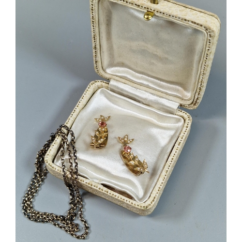 261 - Silver curb-link chain, together with a pair of yellow metal foliate pink stone and seed pearl clip-... 